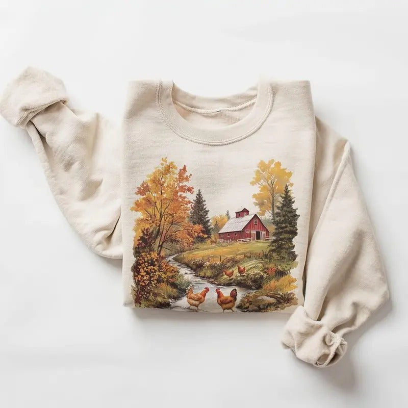 Retro Chickens and Red Barn Farm Fall Creek Scene Sweatshirt - 90's Vintage Backyard Chicken Farmer Pullover Cotton Menswear Day