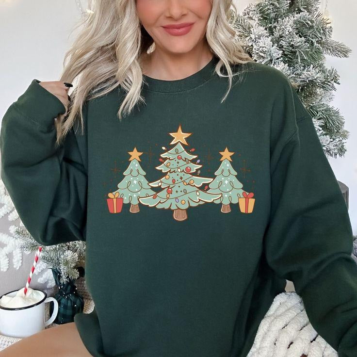 Retro Christmas Trees Sweatshirt, Holiday Crewneck Pullover, Holiday Shirts, Matching Family Shirts, Trendy Winter...
