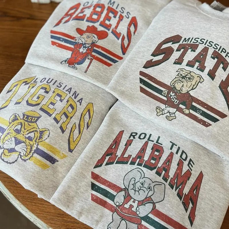 Retro College Football Mascot Crewneck Sweatshirt, Classic Menswear Tops Cotton Sweaters T-Shirts, Hoodie | CiraTrend.com