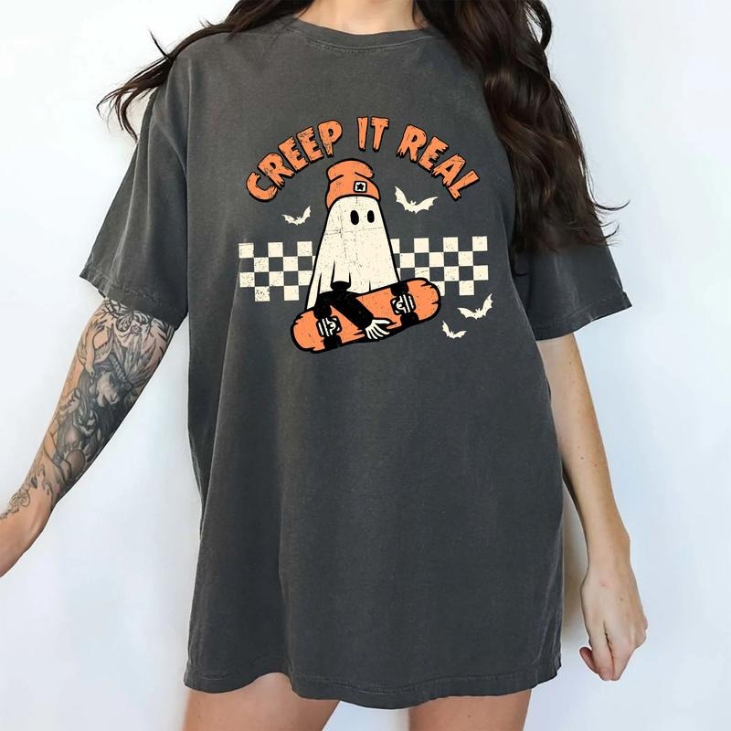 Retro Creep It Real Skateboarding Ghost Shirt, Cool Halloween Streetwear Shirt, Funny Boo Creep It Real Tee, Cute...