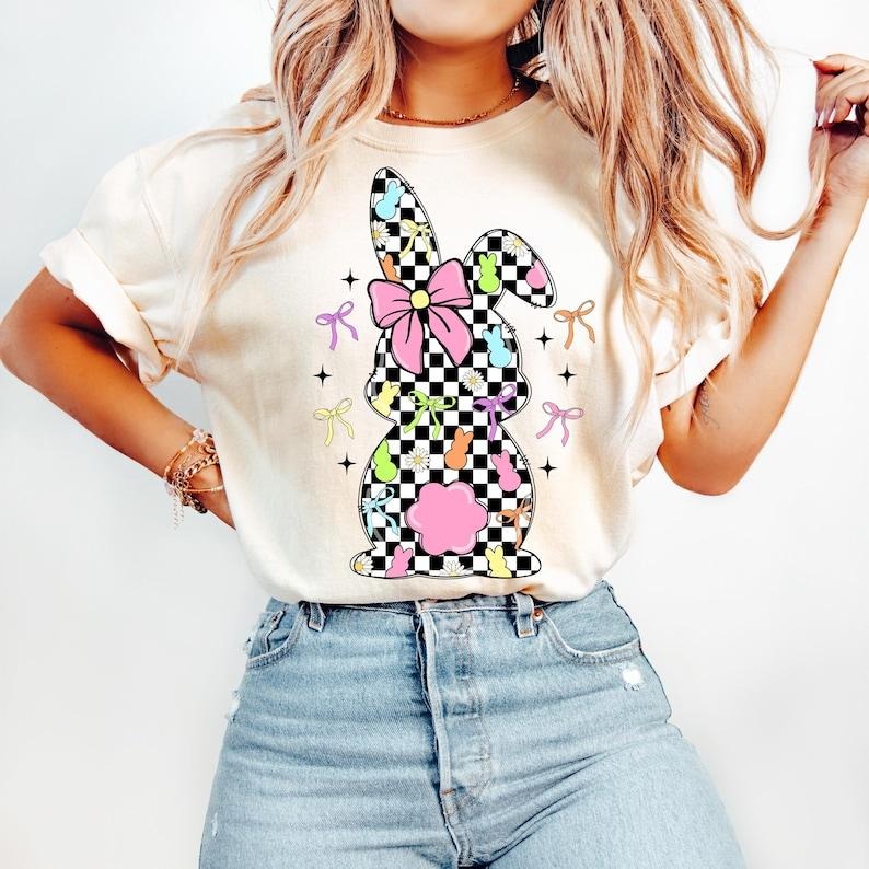 Retro Easter Bunny Coquette, Happy Easter, Pink Easter Bow, Checkered Spring Tshirt Hoodie, Sweatshirt | CiraTrend.com