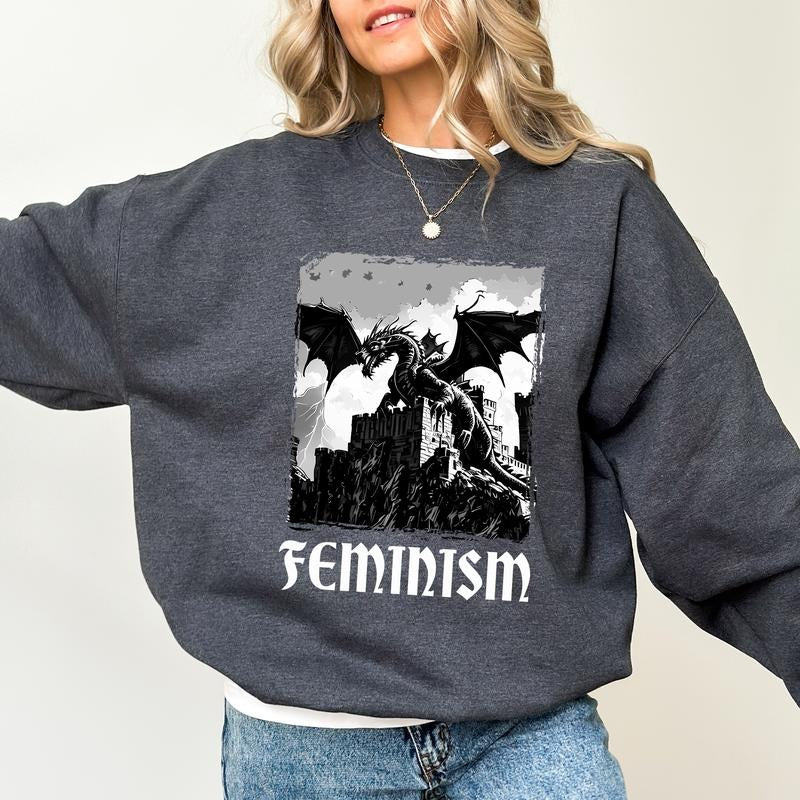 Retro Feminism Dragon Fantasy Sweatshirt, Dark Academia Sweater, Women's Rights Apparel Gifts, Girl's Power Long Sleeve Pullover