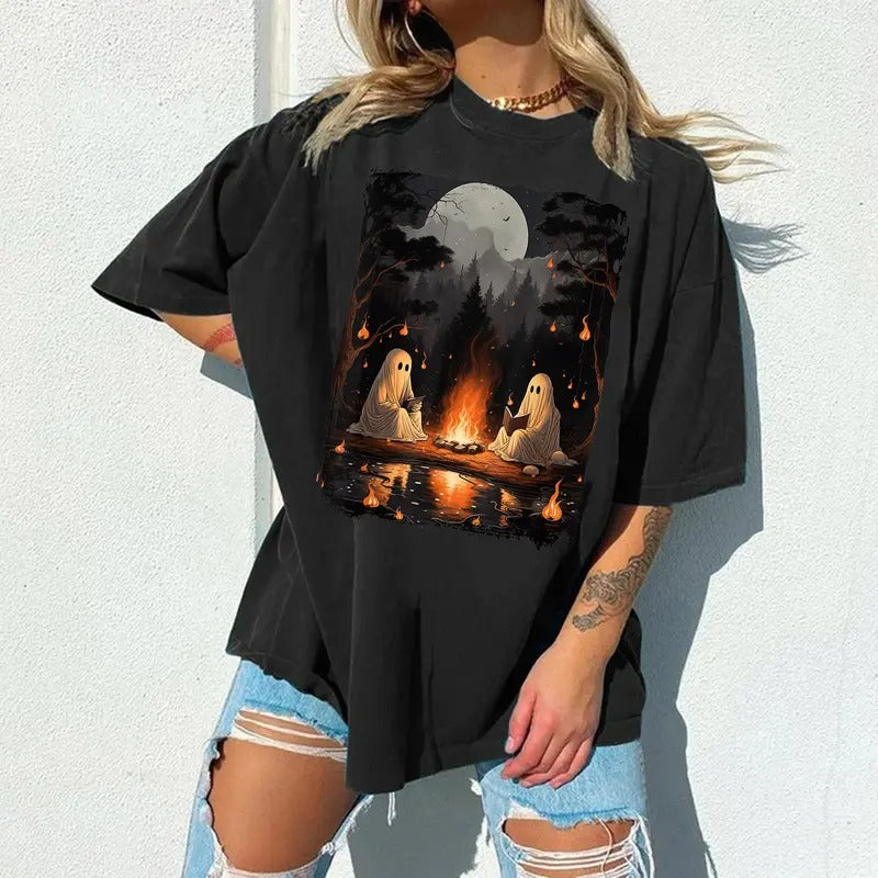 Retro Ghost Book Reading Camping Gothic Halloween Teachers Shirt, Vintage Ghost Book Reading Sweatshirt, Halloween Trip...