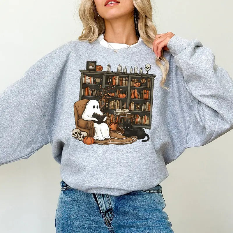 Retro Ghost Reading Books Sweatshirt, Librarian Ghost Halloween Sweatshirt, Halloween Teacher Sweatshirt, Halloween...