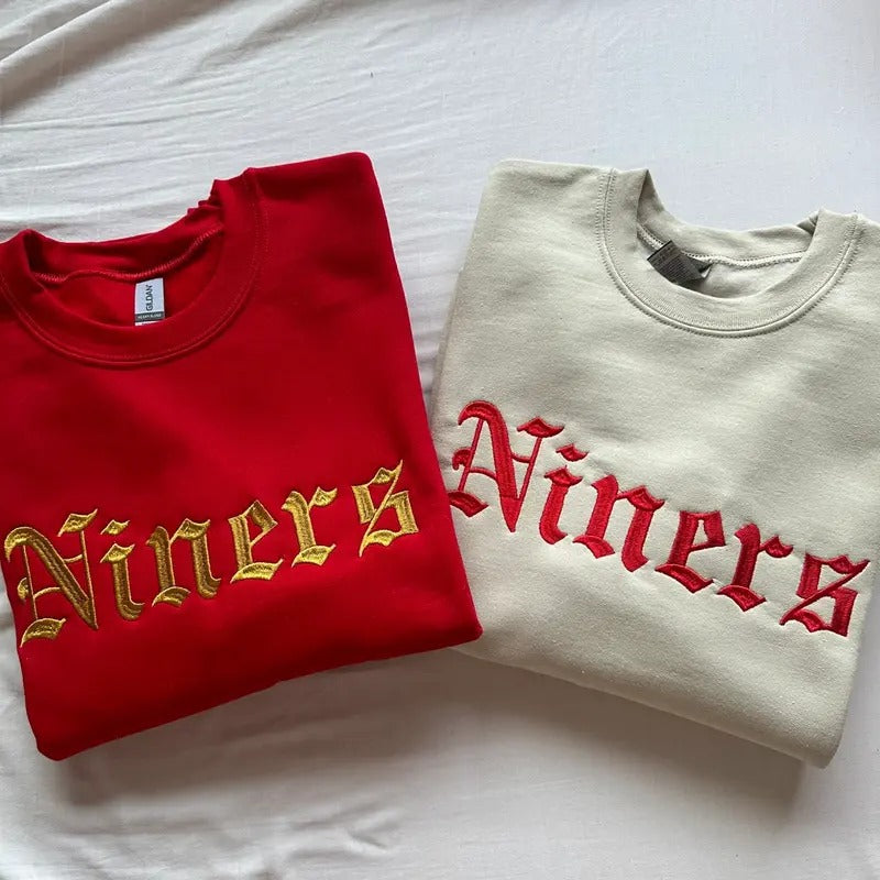 Retro Gothic Embroidery Sweatshirt, Red and Gold Cozycore Pullover, Game Day Vibes Hoodie Look, Vintage Sporty Unisex Top...
