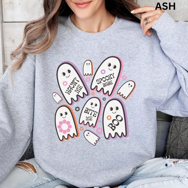 Retro Halloween Crewneck, Haunt Me ghost Crewneck, Retro Sweatshirt Graphic Oversized Halloween Graphic Crewneck, Cotton...
