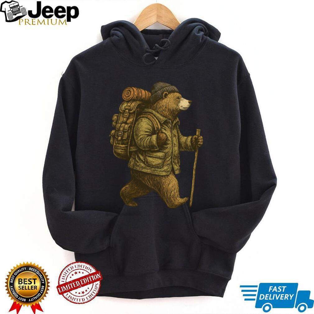 Retro Hiking Bear with Backpack and Walking Stick T Shirt