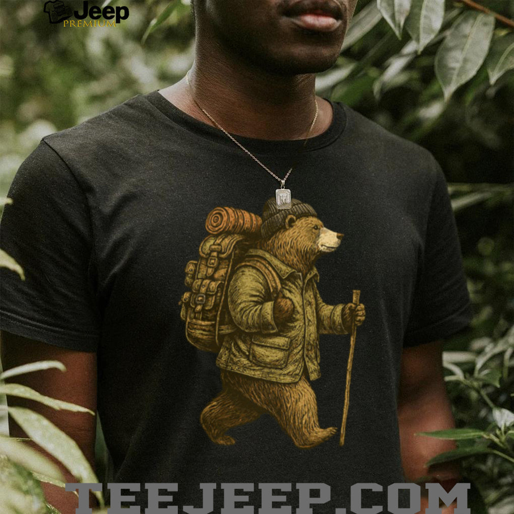Retro Hiking Bear with Backpack and Walking Stick T Shirt