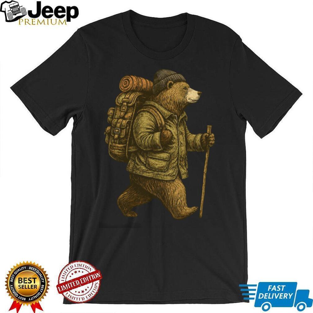 Retro Hiking Bear with Backpack and Walking Stick T Shirt