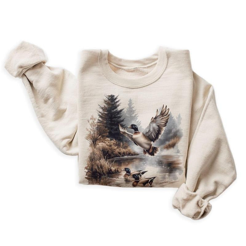 Retro Mallard Ducks Fall Pond Scene Sweatshirt - 90s Waterfowl Duck Forest Nature Pullover Cotton Womenswear Day...