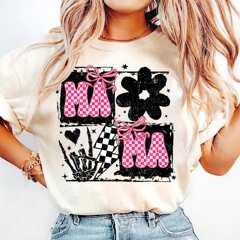 Retro Mama Coquette Bow Checker T-Shirt, Retro Mother hood T-Shirt, Funny Mom Sarcastic, Pink Mom Shirt, Mothers Day...
