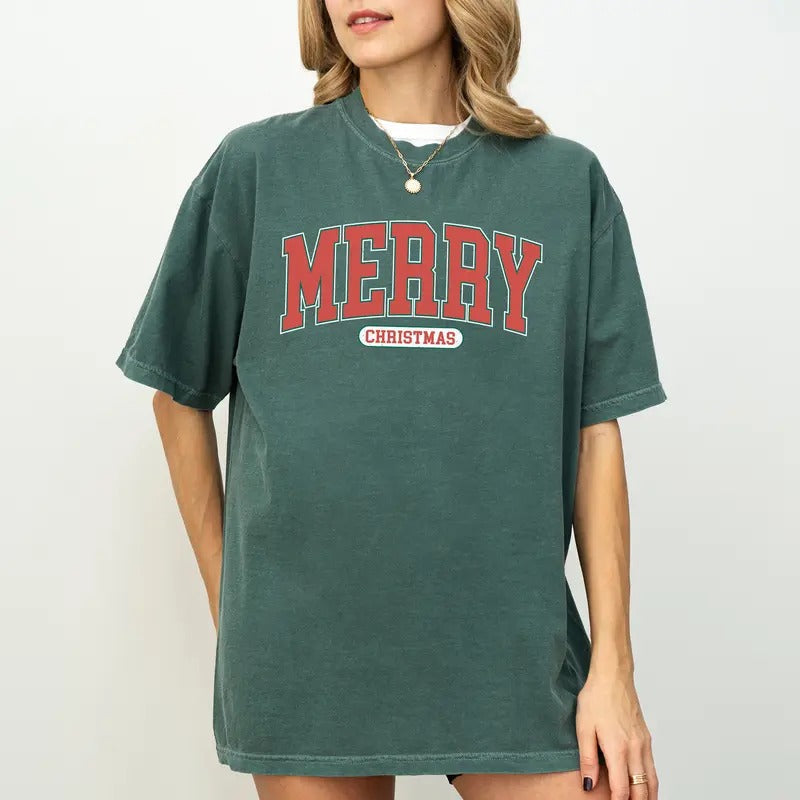 Retro Merry Christmas Comfort Colors Shirt, Vintage Merry Christmas Varsity Unhinged Tees, Christmas Vibes Tee, Holiday Family Oversized Graphic Tee