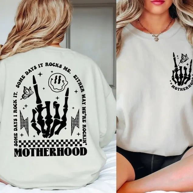 Retro Motherhood Sweatshirt, Skeleton Hand Hoodie, Motherhood Rock Skeleton Sweatshirt, Mom Life Shirt, Funny Mothers...