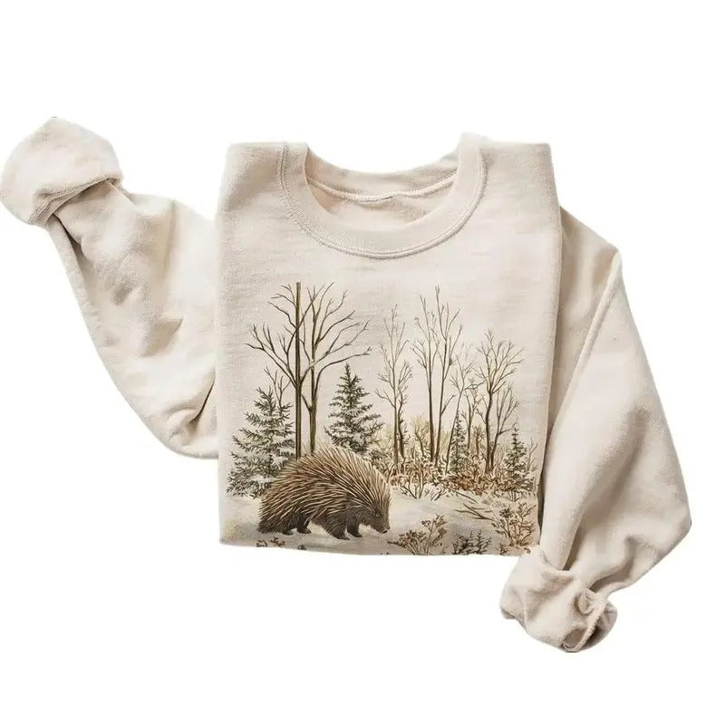 Retro Porcupine Winter Forest Scene Sweatshirt - 90s Cute Woodland Creature Nature Gift - Wildlife Watcher Cotton Pullover