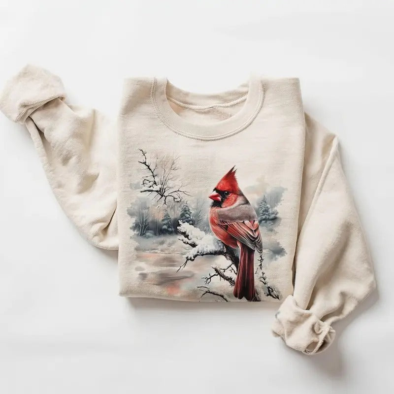 Retro Red Cardinal Winter Scene Sweatshirt 90s Birding Bird Watching Pullover Cotton Hoodie Womenswear Day T-Shirts