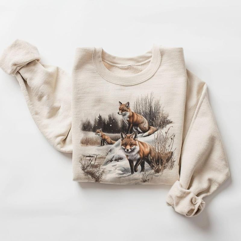 Retro Red Foxes Winter Scene Sweatshirt - 90s Fox Snowy Forest Wilderness Pullover Hoodie Cotton T-Shirts | CiraTrend.com