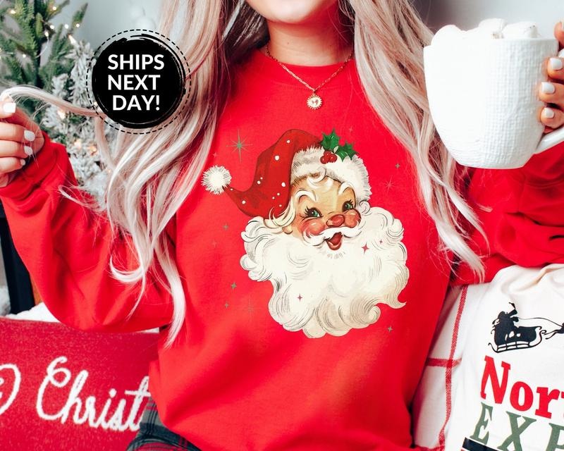 Retro Santa Sweatshirt, Vintage Santa Sweatshirt, Retro Christmas Santa Hoodie, Holiday Clothing Women, Santa Retro Style...