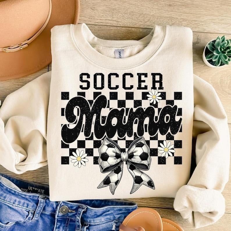 Retro Soccer Mama Checkered , Soccer , Soccer Mom, Game Day ,Checkered Mama , Soccer Bow, Soccer Coquette Bow Sweatshirt...
