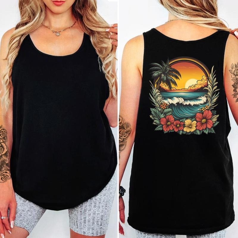 Retro Sunset Beach Vibes Tank Top, Traditional Floral Beach Women Sleeveless Top, Beach Lover Athletic Tank, Vacation...