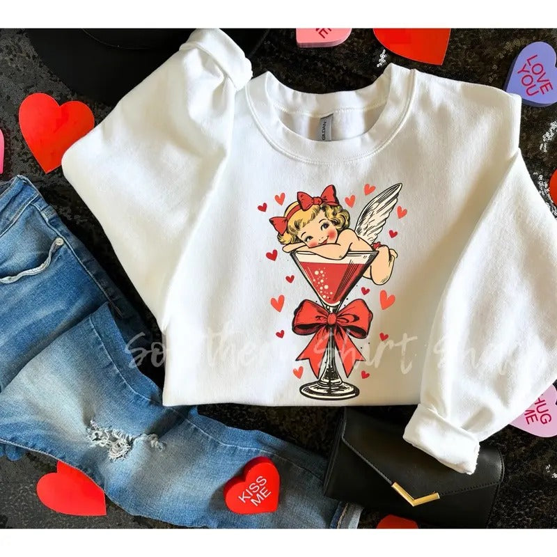 Retro Valentines Day Martini Cupid Sweatshirt White Sweatshirt T-Shirts, Hoodie | CiraTrend.com