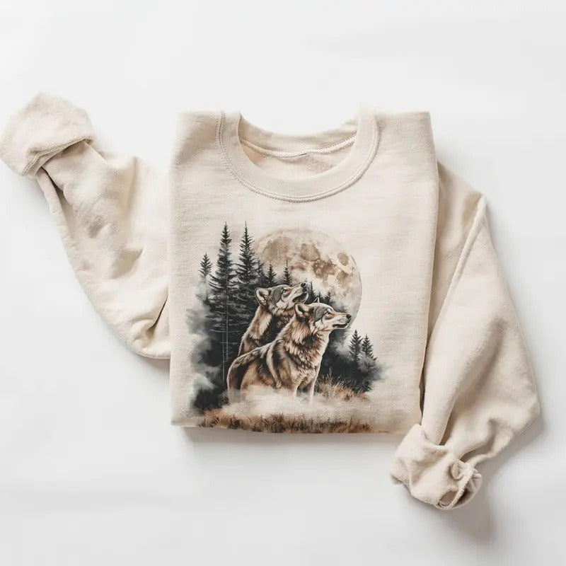 Retro Wolves Howling At The Moon Sweatshirt - 90s Wolf Foggy Forest Wilderness Tshirts- Boho Unisex Hoodie Cotton Menswear