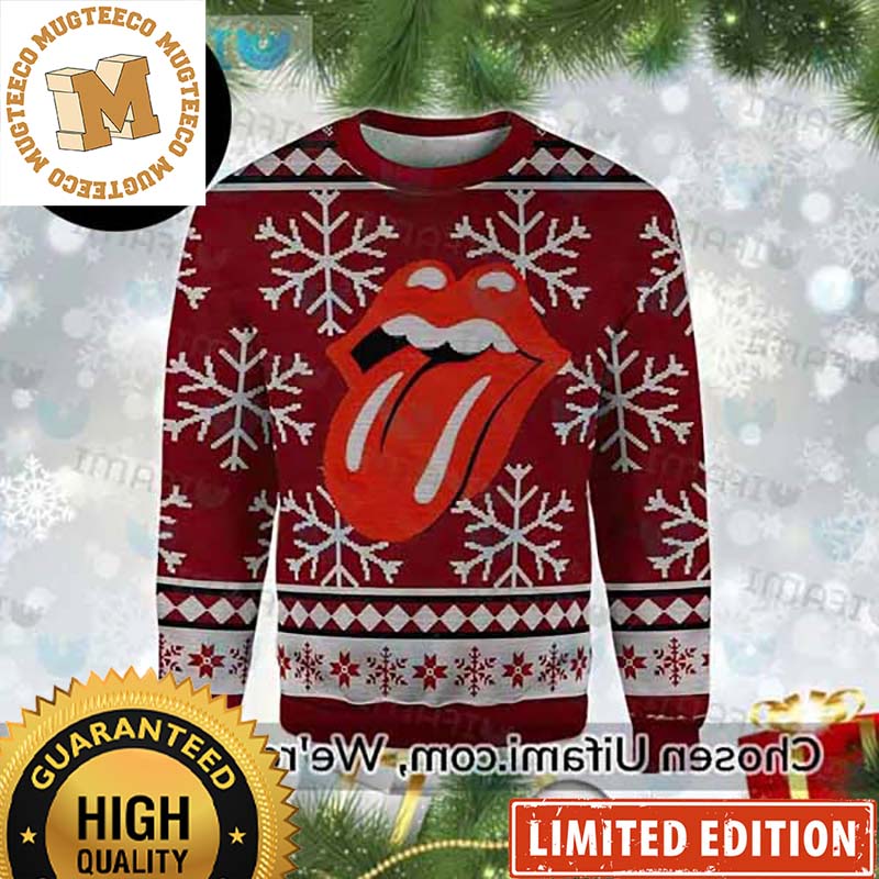 Rolling Stone Signature Snowflakes Pattern Red And White Ugly Christmas Sweater