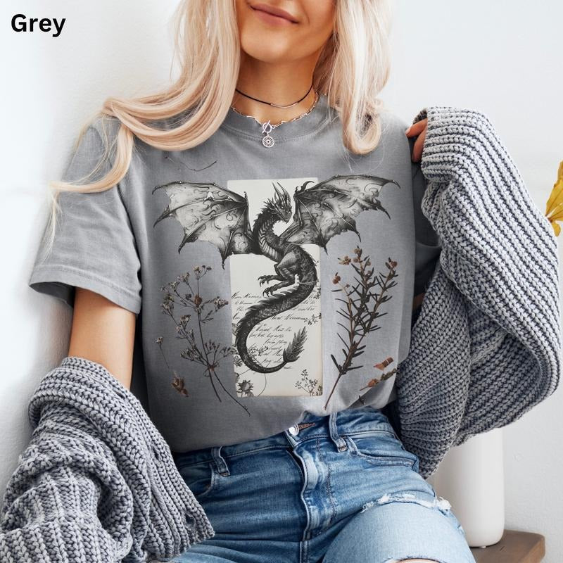 Romantasy Reader Dragon T-Shirt Pressed Wildflowers and Dragons Shirt Retro Design Booktok Merchstyle{n002}2 Hoodie,...