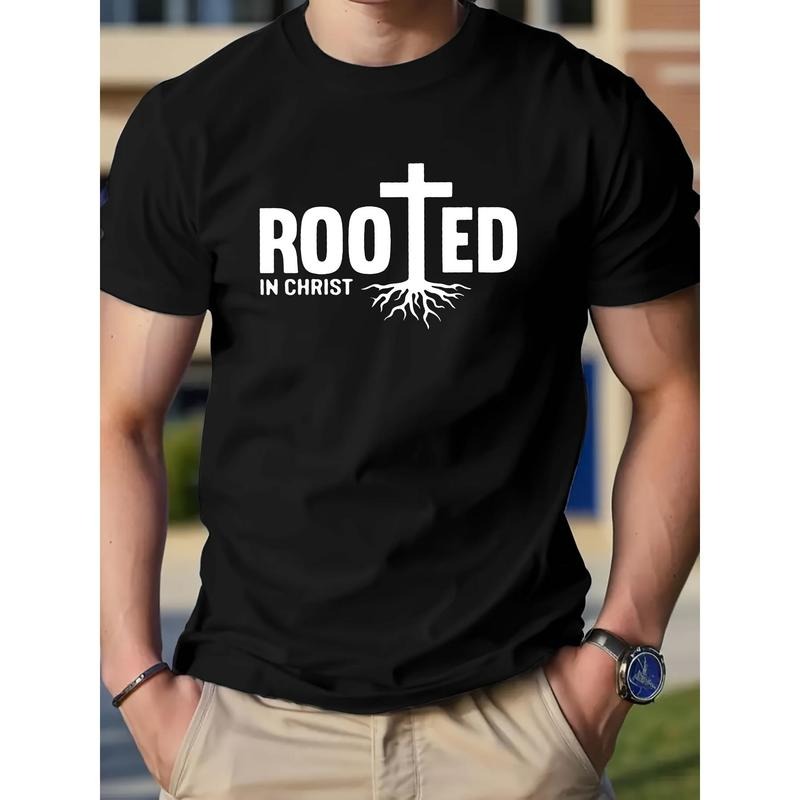 "Rooted In Christ" Pattern Printing Cotton Casual Novel Men's T-shirt, Short-sleeved Summer Shirt, Comfortable Fit,...