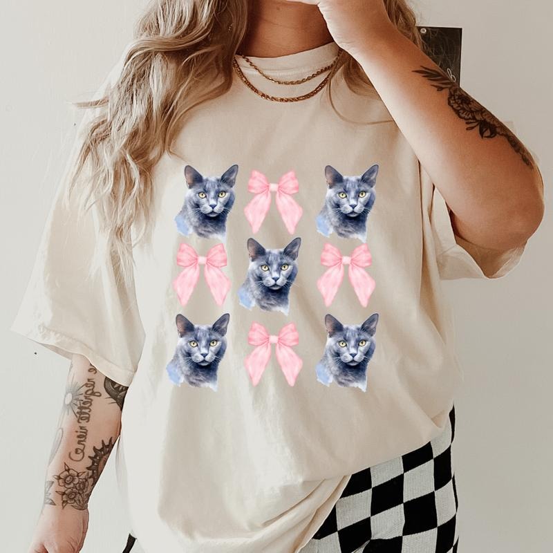 Russian Blue Cat with bows Shirt ~ Unisex Apparel Relaxed Fit Printed In The USA Clothing Womenswear Casual Comfort...