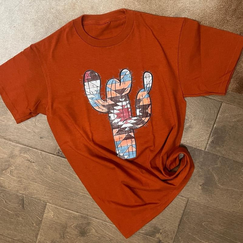 Rust Aztec Pattern Cactus Graphic Tee Hoodie, Sweatshirt | CiraTrend.com