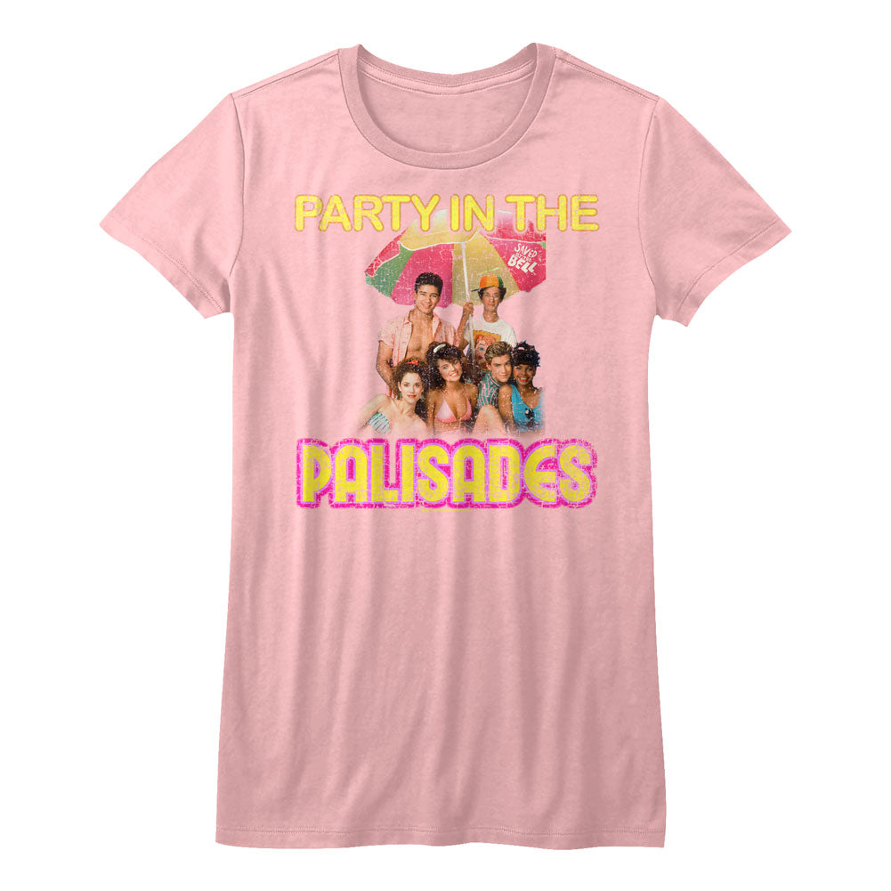 Saved By The Bell Girls Juniors S/S T-Shirt - Party In The Palisades - Solid Pink Hoodie, Sweatshirt | CiraTrend.com