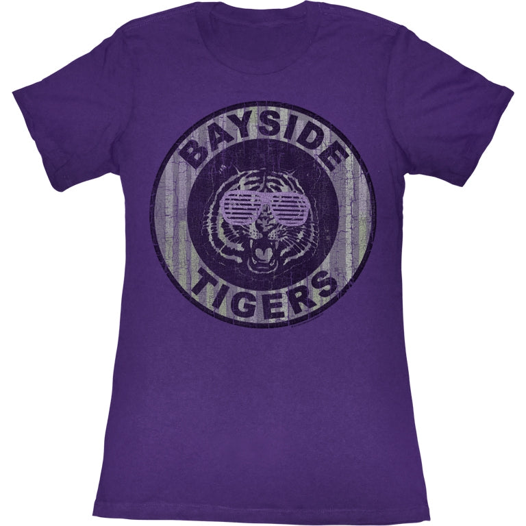 Saved By The Bell Girls Juniors S/S T-Shirt - Pinstripe Bayside - Solid Purple Hoodie, Sweatshirt | CiraTrend.com