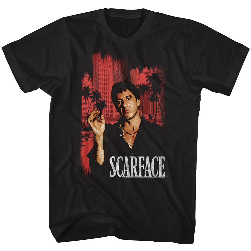 Scarface Mens S/S T-Shirt - Red Cityscape - Solid Black Hoodie, Sweatshirt | CiraTrend.com