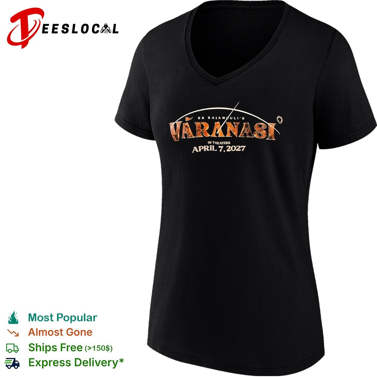 SS Rajamouli gold lettering Varanasi in theaters April 7 2027 shirt