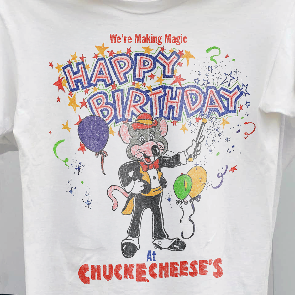 90s CHUCK-E-CHEESE BIRTHDAY CELEBRATION GRAIL RARE WASHED WHITE T-SHIRT