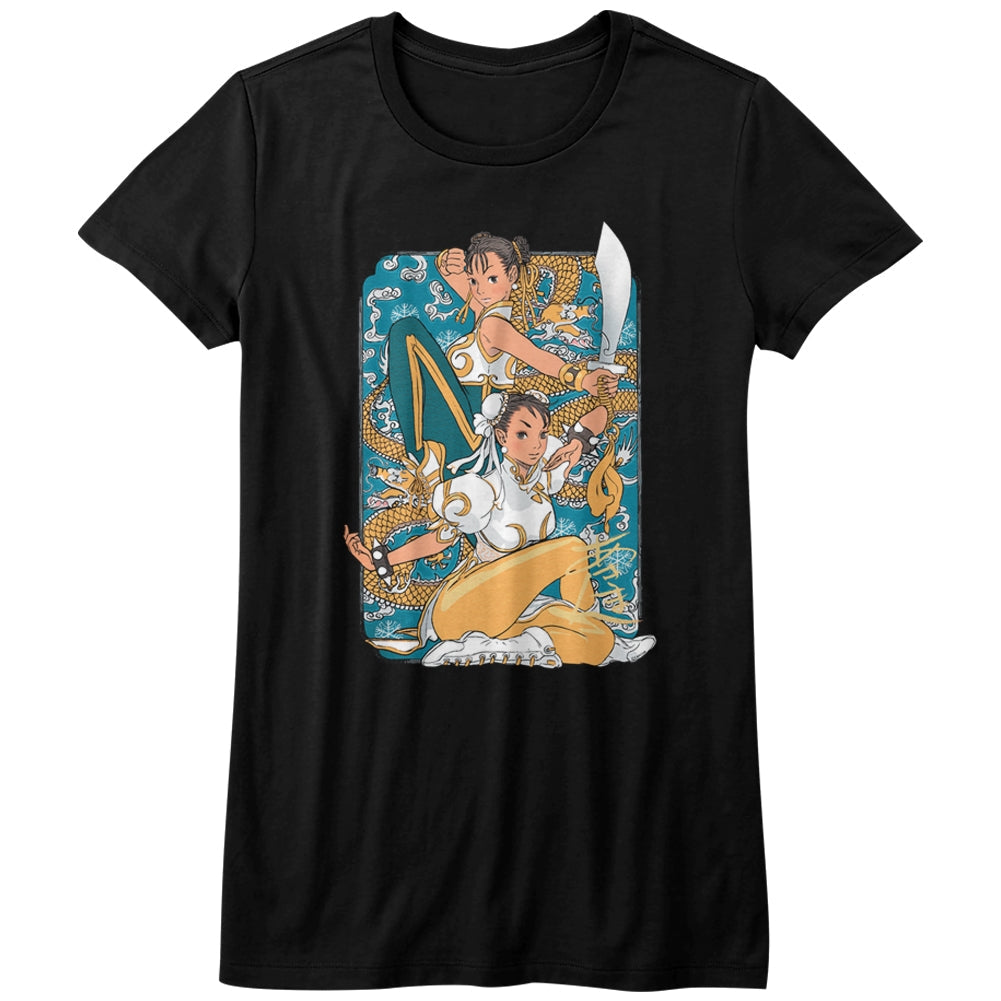 Street Fighter Girls Juniors S/S T-Shirt - Dual Chun Li - Solid Black Hoodie, Sweatshirt | CiraTrend.com