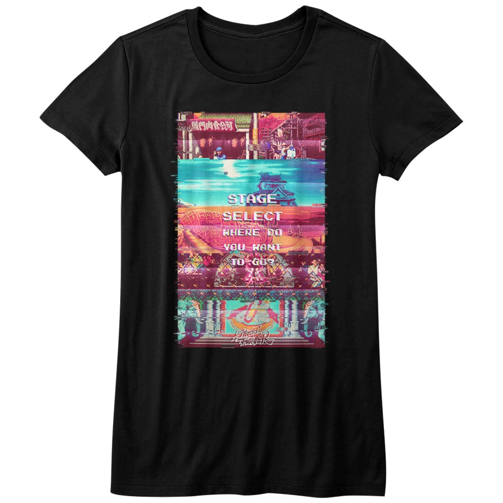 Street Fighter Girls Juniors S/S T-Shirt - Stage Select - Solid Black Hoodie, Sweatshirt | CiraTrend.com