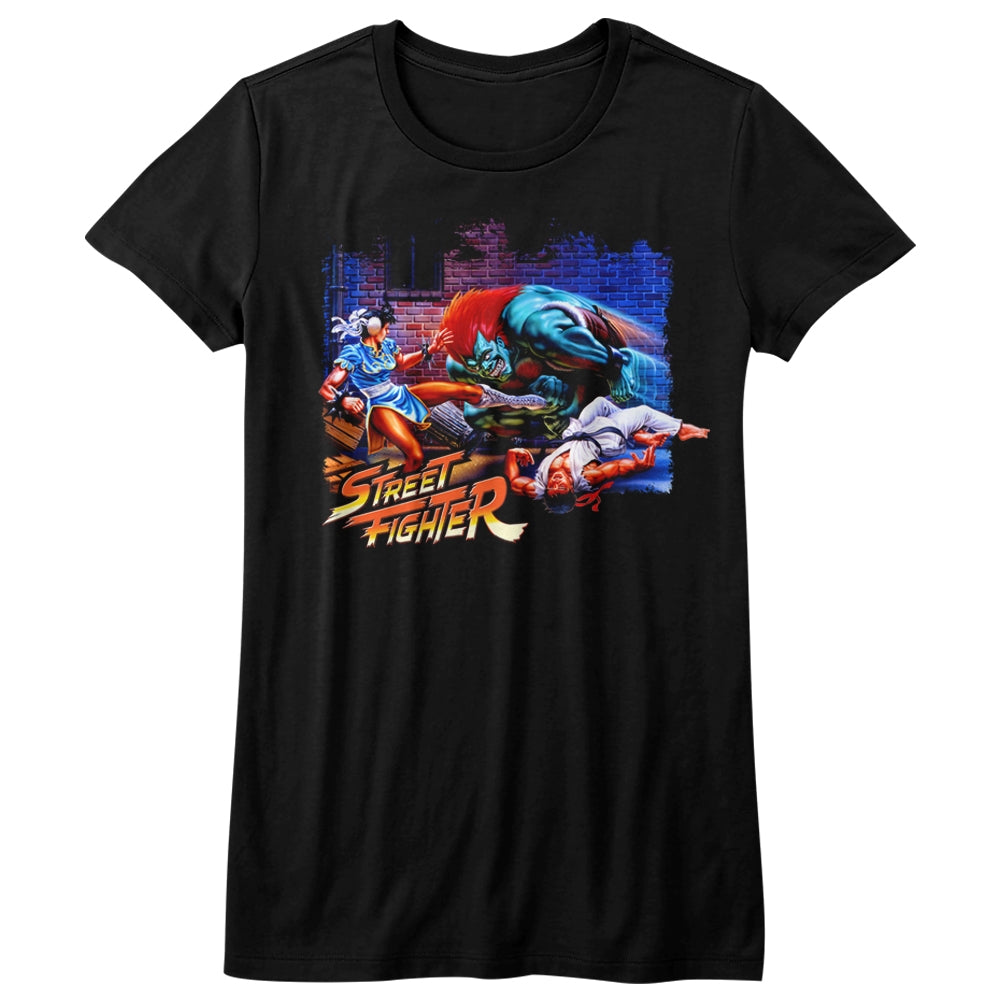 Street Fighter Girls Juniors S/S T-Shirt - Alley Fight - Solid Black Hoodie, Sweatshirt | CiraTrend.com