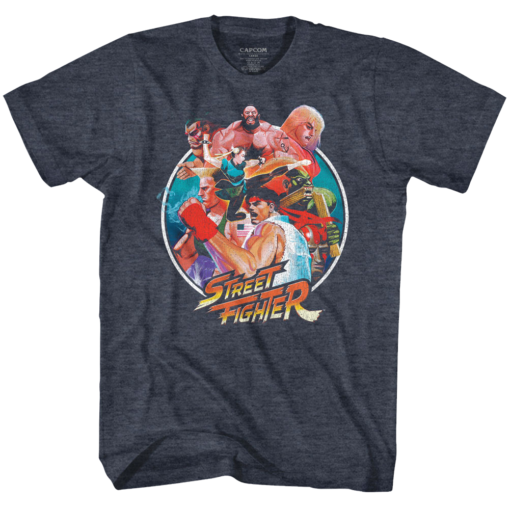 Street Fighter Mens S/S T-Shirt - Group Circle - Heather Navy Heather Hoodie, Sweatshirt | CiraTrend.com