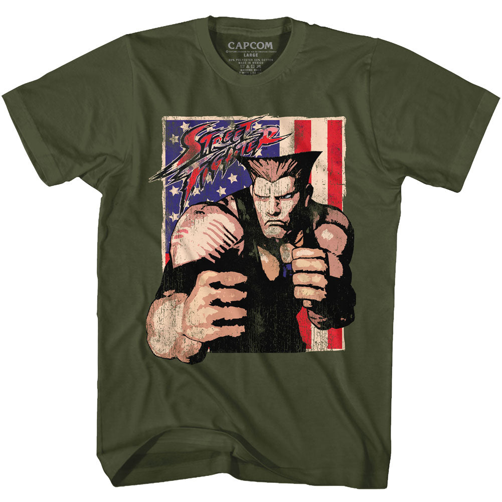 Street Fighter Mens S/S T-Shirt - Guile With Flag - Solid Military Green Hoodie, Sweatshirt | CiraTrend.com