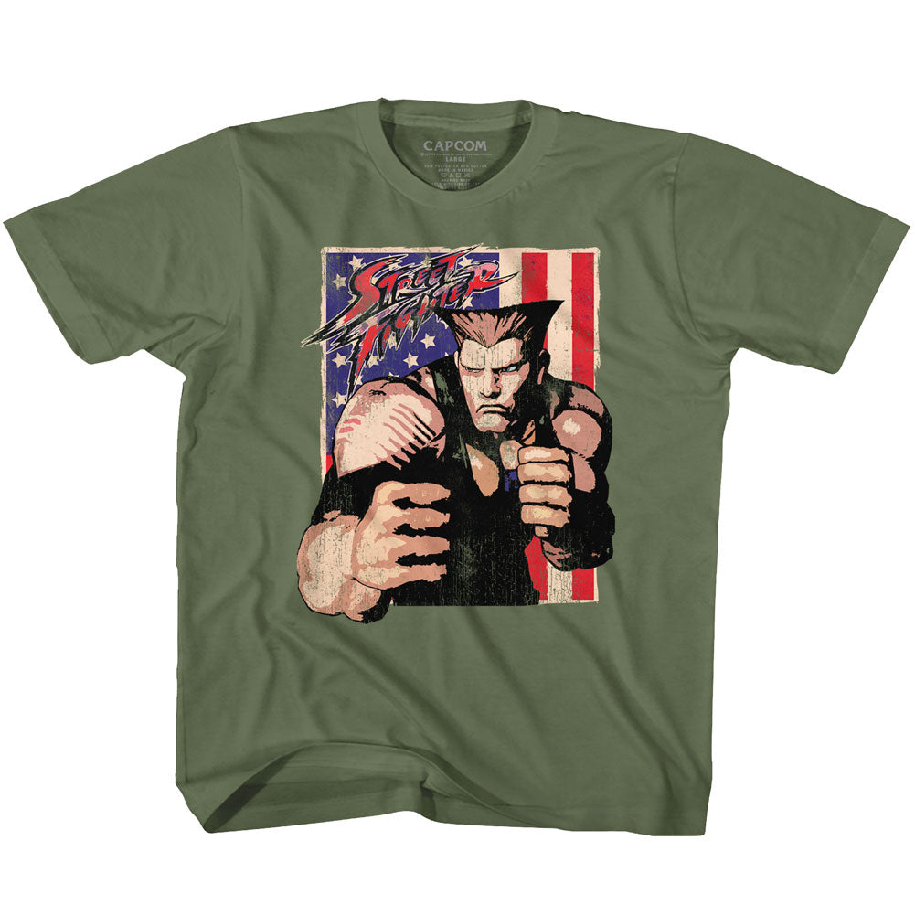 Street Fighter Toddler S/S T-Shirt - Guile With Flag - Solid Military Green Hoodie, Sweatshirt | CiraTrend.com