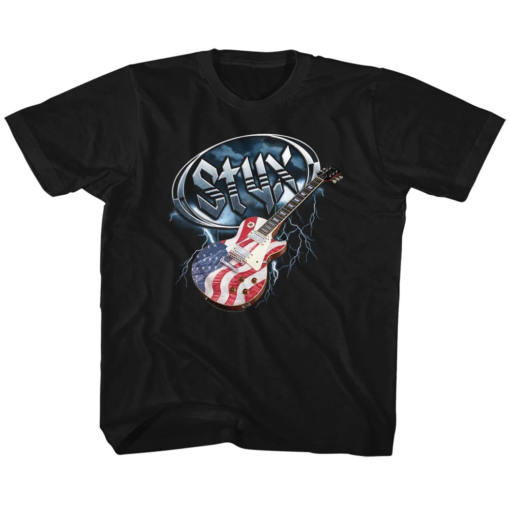 Styx Toddler S/S T-Shirt - Flag Guitar - Solid Black Hoodie, Sweatshirt | CiraTrend.com