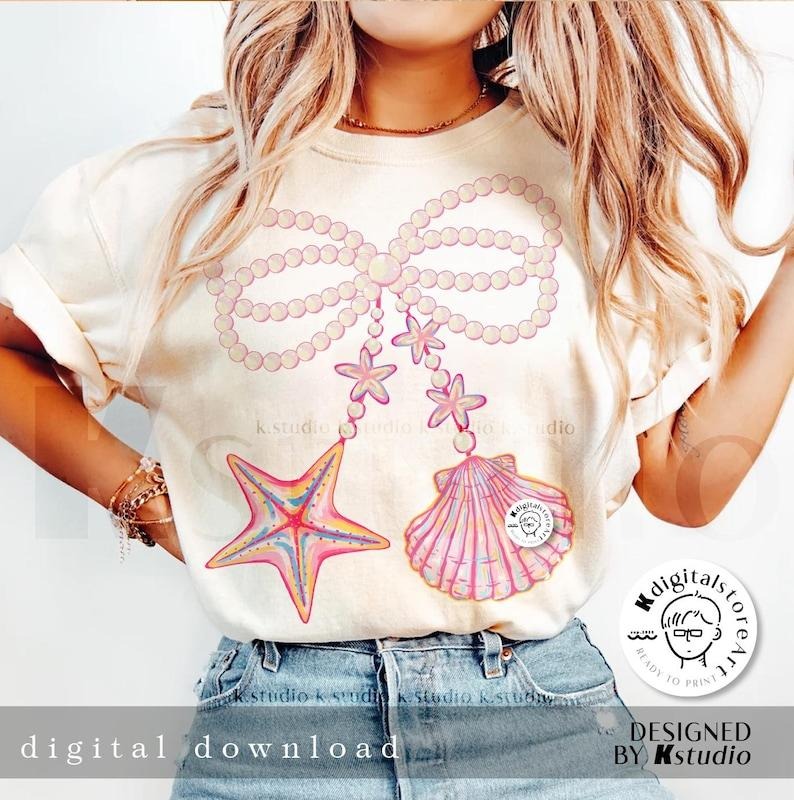 [Sale up To 43%] Comfort Colors Coquette Pearl Bow Shirt, Summer Vibes, Pink Clam Shirt, Summer Shirt Hoodie, Sweatshirt