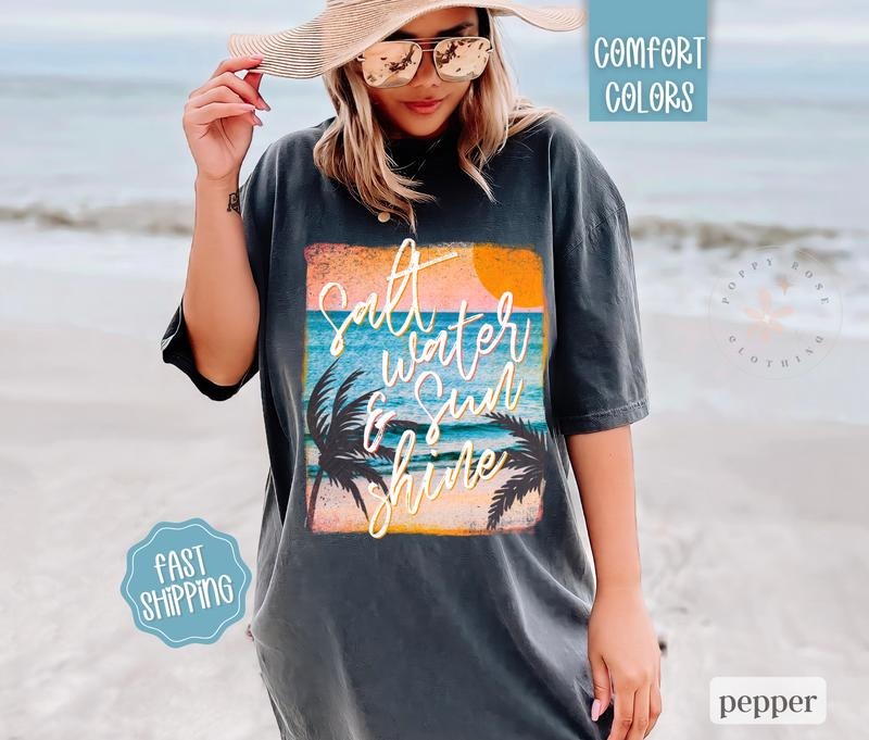 Salt Water and Sunshine Shirt Comfort Colors, Summer Beach Shirt, Oversized Graphic Women's Tee, Swimsuit Cover Hoodie,...
