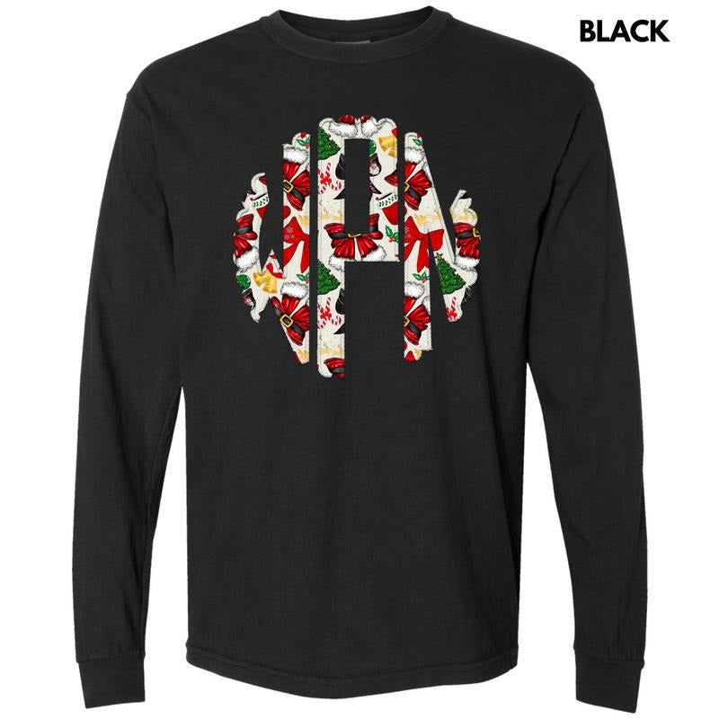 Santa Bow Theme Monogram Long Sleeve Comfort Colors T-Shirt 'NLB' Hoodie, Sweatshirt | CiraTrend.com