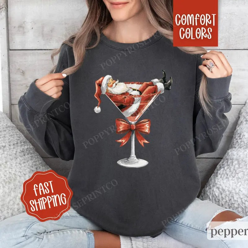 Santa Martini Sweatshirt Comfort Colors, Christmas Sweater,  Coquette Xmas Tshirt, Women's Holiday Crewneck