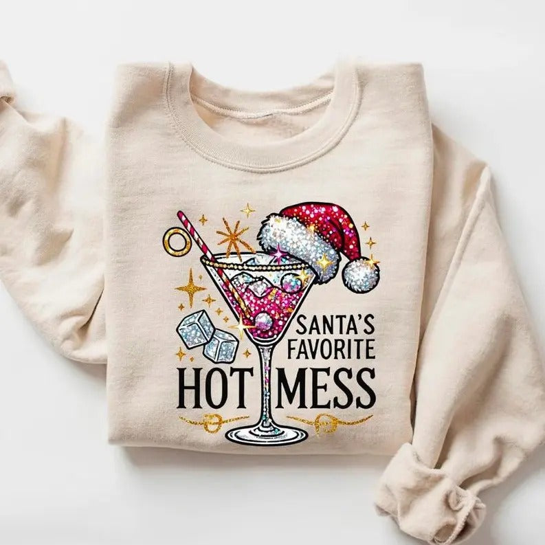 Santa's Hot Mess Sweatshirt, Christmas Martini Shirt, Christmas Drink Sweatshirt, Christmas Party Sweatshirt, Christmas...