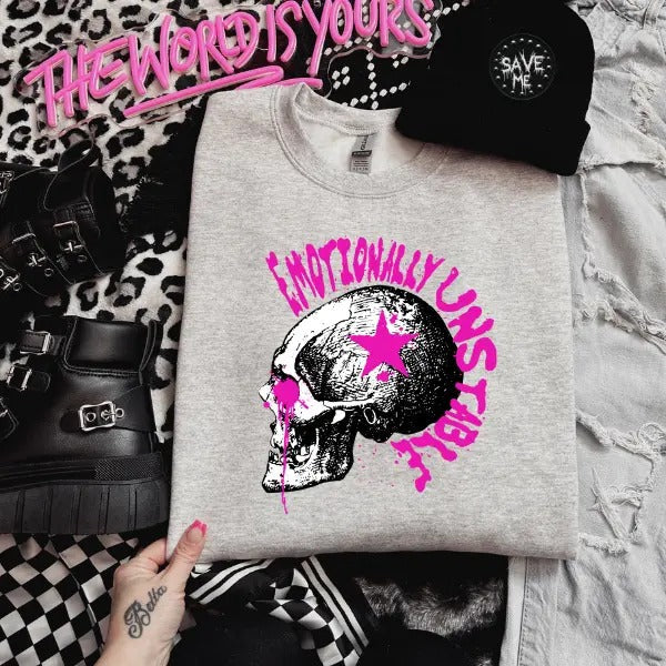 Sarcastic Sayings Crewneck Sweatshirt + Faux Patch Beanie, Emotionally Unstable, Be Kine, Chaos & Caffiene, Moody Bitch,...