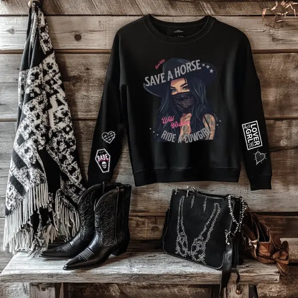 Save Horse, Ride a Cowgirl + Faux Patches -  Black Crewneck Sweatshirt or Hoodie Pullover | Punk, Alt, Grunge, Goth,...