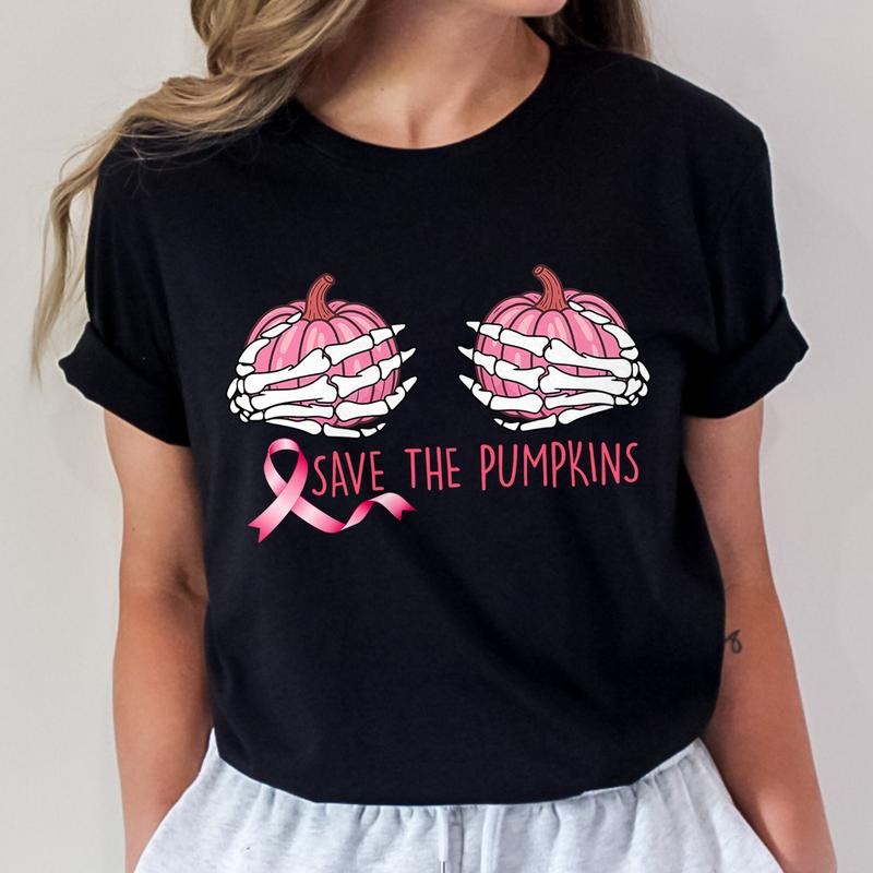 Save The Pumpkins Shirt, Breast Cancer Awareness Halloween T-Shirt, Pink Ribbon Sweatshirt, Funny October Support Top,...